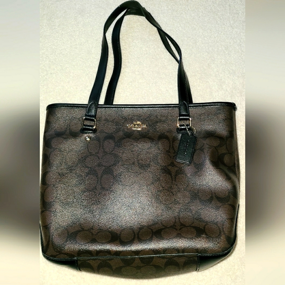 COACH Signature Designer Monogram Black Brown Purse Handbag Tote